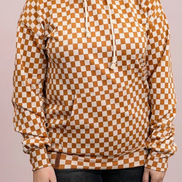NWT Ampersand Camel & Cream Hoodie Y2K Retro Checkerboard Fall Streetwear Size M - Picture 2 of 8